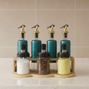 طقم توابل 8 قطع زجاج اخضر على ستاند خشب - SSG014 أكسفورد