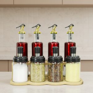 طقم توابل 9 قطع زجاج نبيتي على ستاند خشب - SSG013 أكسفورد