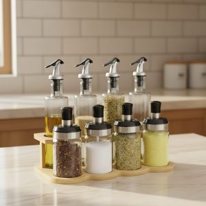 طقم توابل 9 ق زجاج سيلفر على ستاند خشب - SSG015 أكسفورد