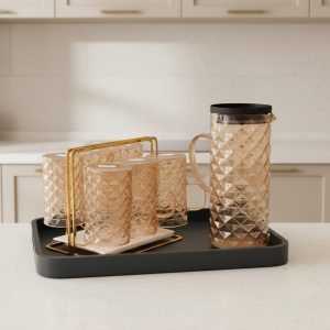 طقم شربات دبل جلاس 9 قطع (دورق+6 كوب) على صنية أكسفورد - SSG091