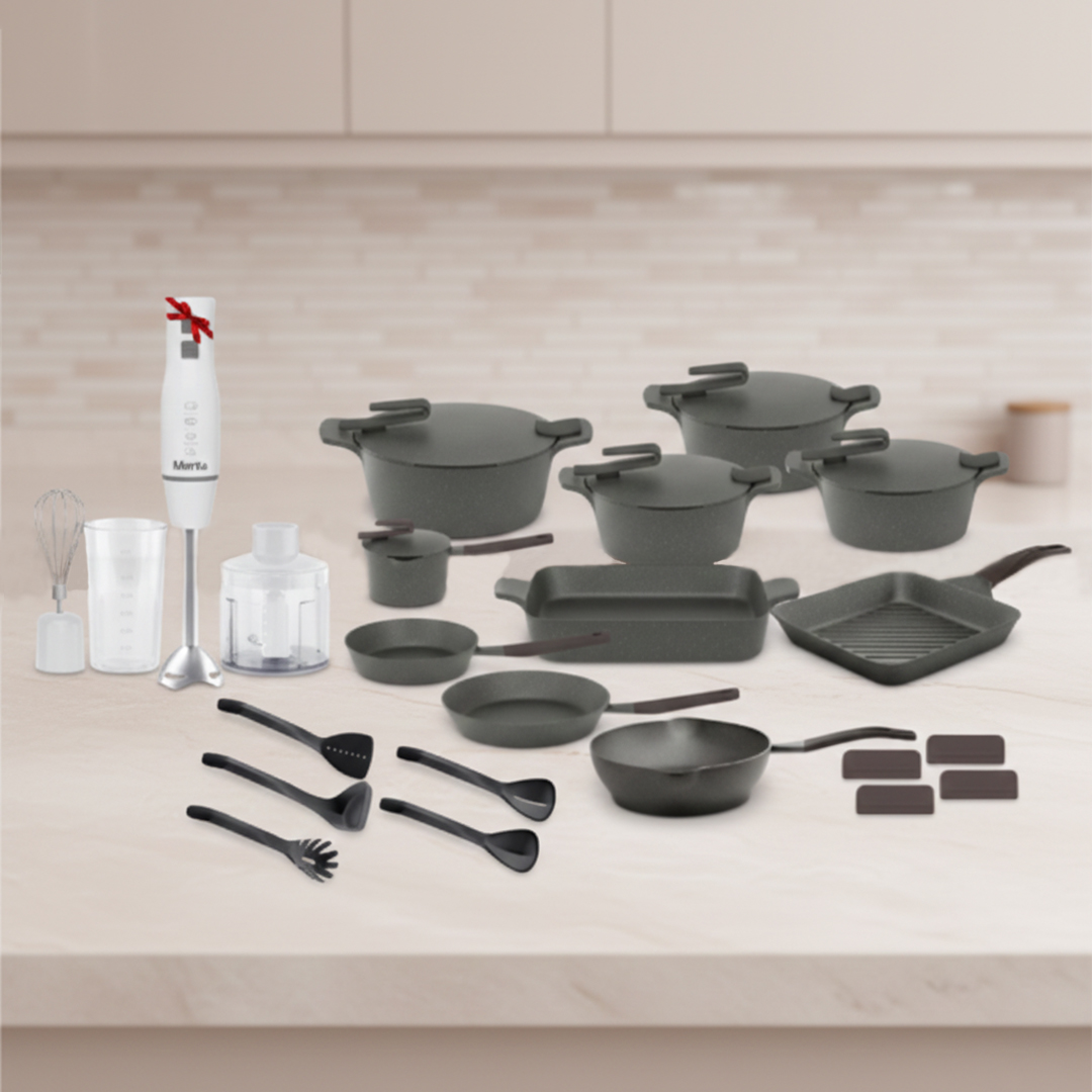 طقم جرانيت 24 قطعة ارتيسان رمادى بيركس + مضرب غاطس ميانتا هدية